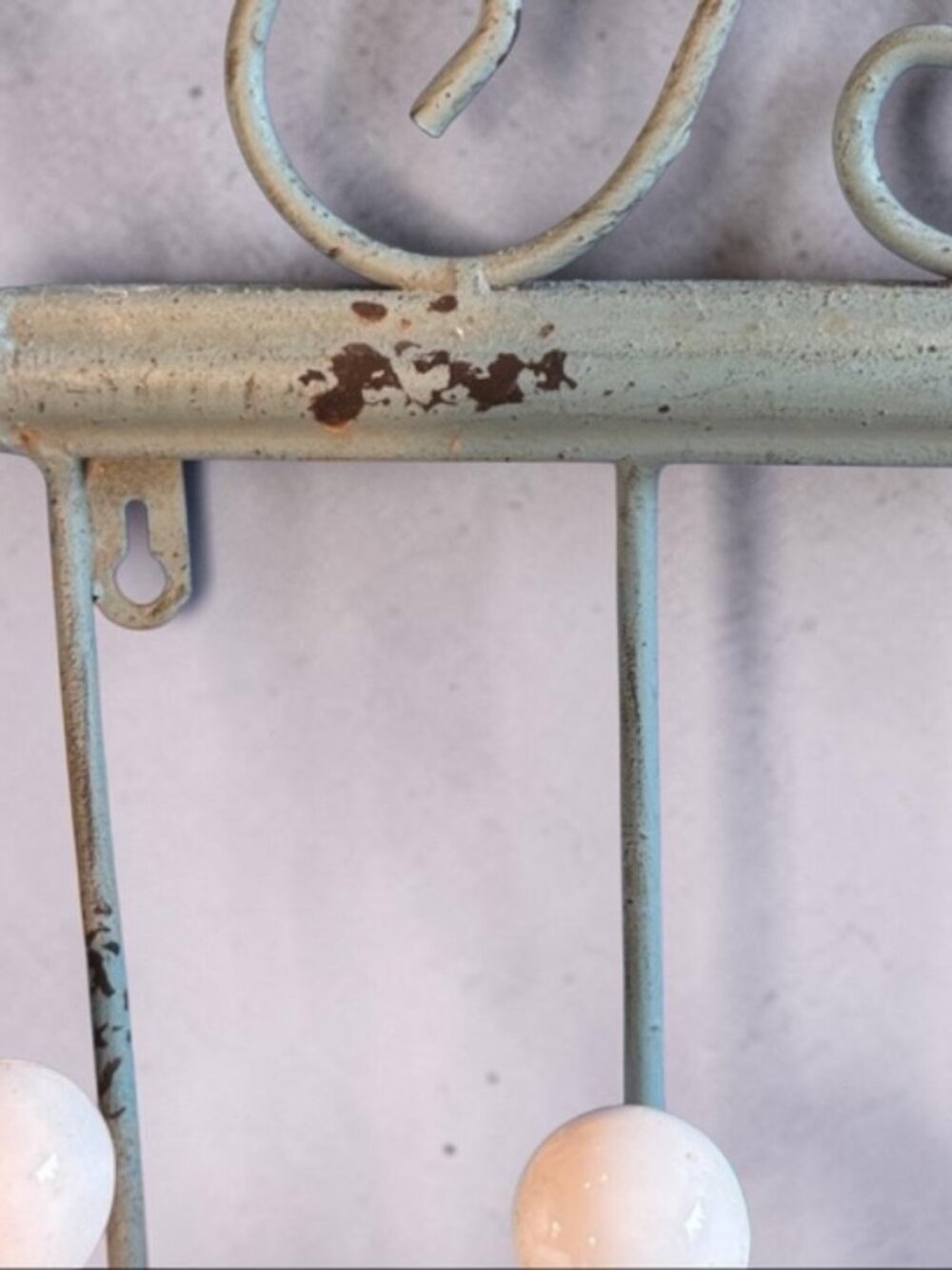 Vintage Shabby Chic Metal Coat Rack 19” Wall Hooks White Ceramic Knobs - Picture 8 of 14